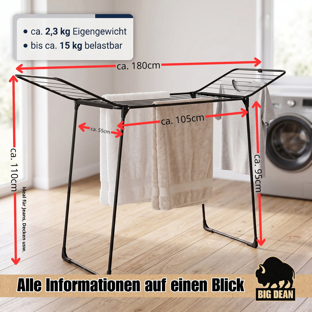 BigDean Wäscheständer 180 Schwarz 18m extra hoch für Lange Kleidungsstücke--- standfester Flügelwäschetrockner, drinnen und draußen nutzbar, klappbar, mit Schutzkappen an den Beinen, Wäschetrockner Ma image 3