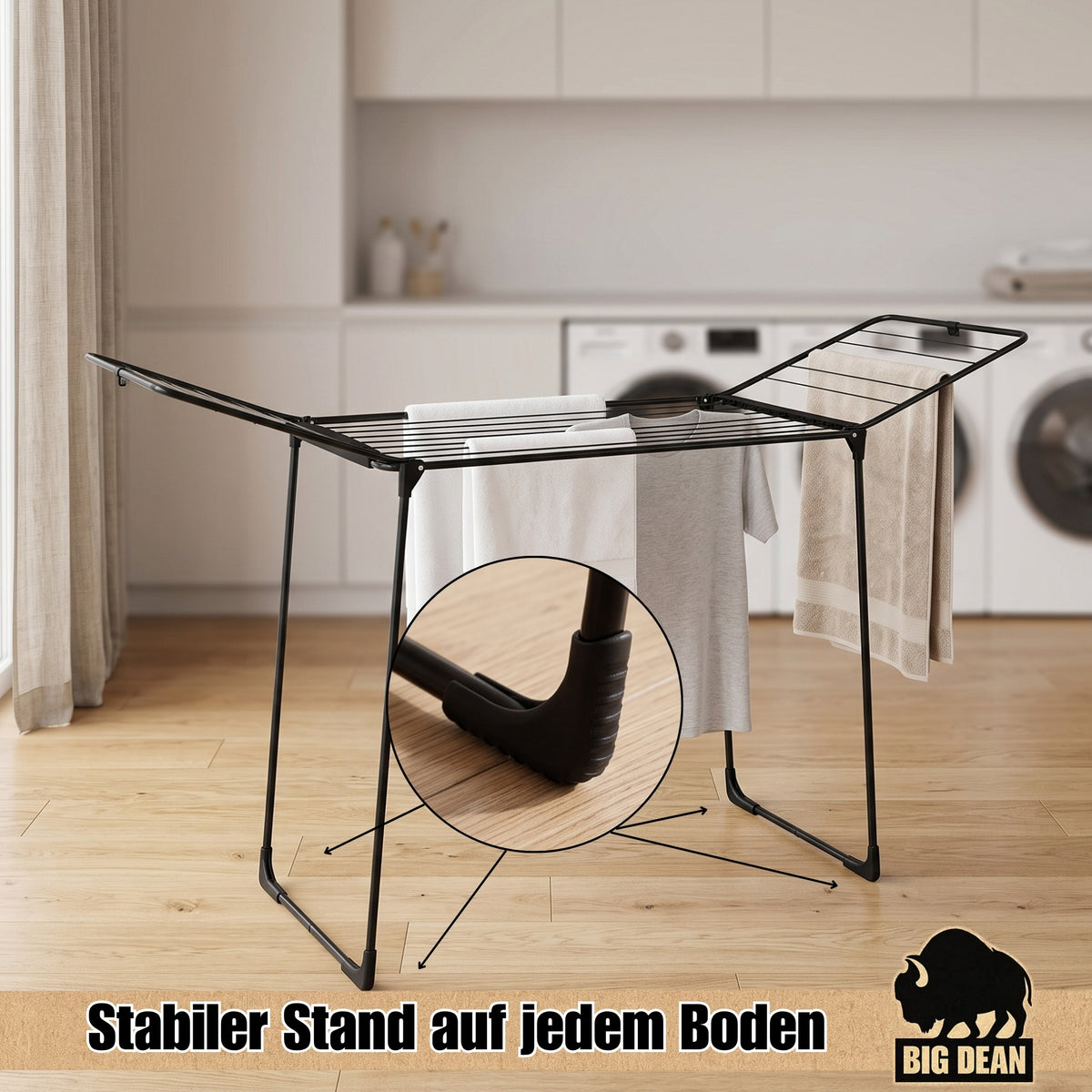 BigDean Wäscheständer 180 Schwarz 18m extra hoch für Lange Kleidungsstücke--- standfester Flügelwäschetrockner, drinnen und draußen nutzbar, klappbar, mit Schutzkappen an den Beinen, Wäschetrockner Ma image 4