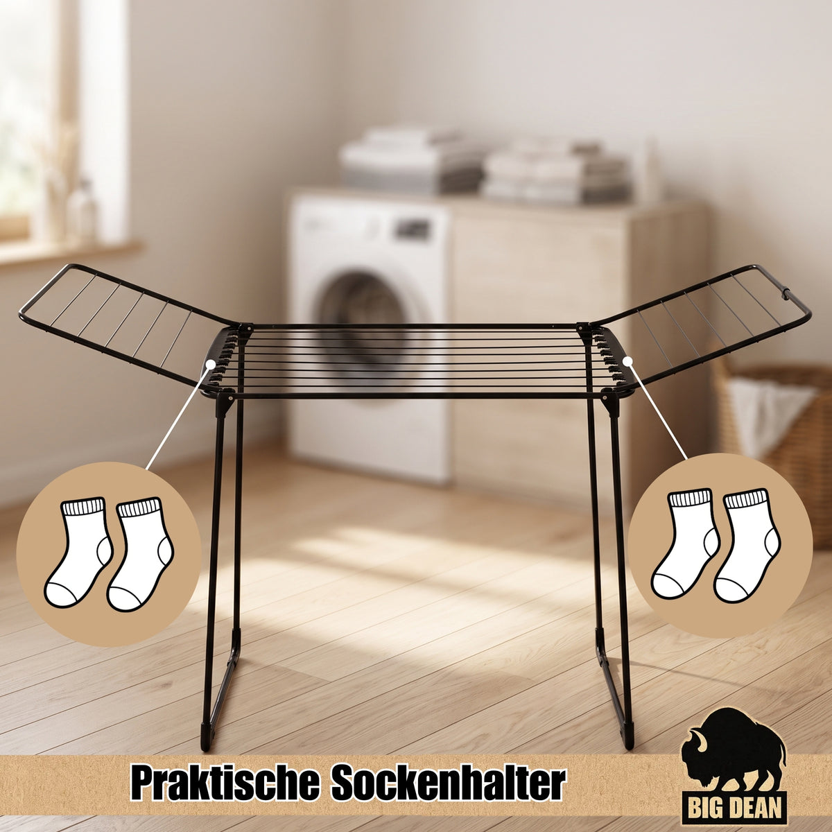 BigDean Wäscheständer 180 Schwarz 18m extra hoch für Lange Kleidungsstücke--- standfester Flügelwäschetrockner, drinnen und draußen nutzbar, klappbar, mit Schutzkappen an den Beinen, Wäschetrockner Ma image 5