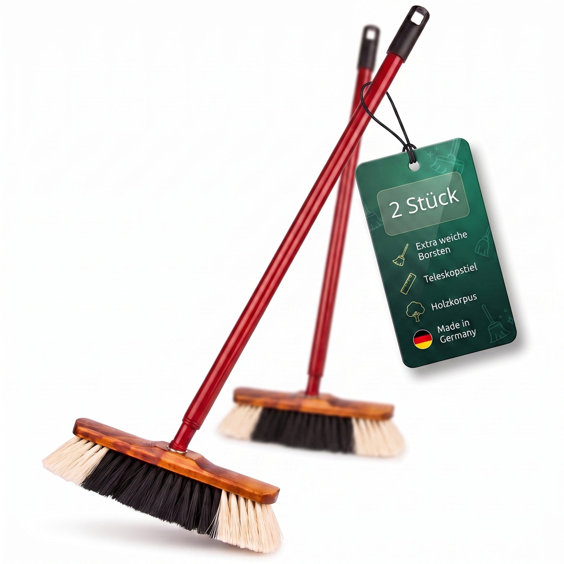 2 Stück Zimmerbesen mit Teleskopstil Made in Germany | Innenbesen mit Stiel & Besenstiel mit Gewinde, Hausbesen Küchenbesen Haushaltsbesen 30cm Holz