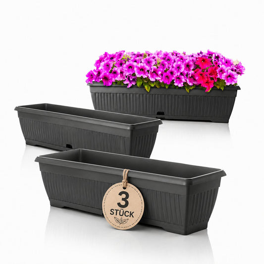 BigDean 3x Blumenkasten 80cm mit abnehmbarem Untersetzer - aus bruchsicherem Kunststoff - Balkonkasten Pflanzkasten mit Wasserspeicher für Innen- & Außenbereich geeignet - Made in Europe image 1