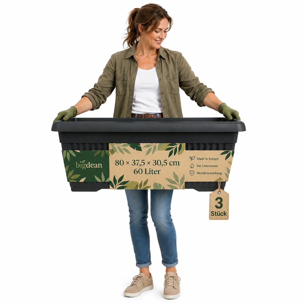 3er Pack Blumenkübel Jumbo 80x37,5x30,5cm 60 Liter – Mediterranes Design inkl. Untersetzer – Anthrazit
