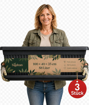 3er Pack Blumenkübel Jumbo 100×40×35cm 88 Liter – Mediterranes Design inkl. Untersetzer – Anthrazit