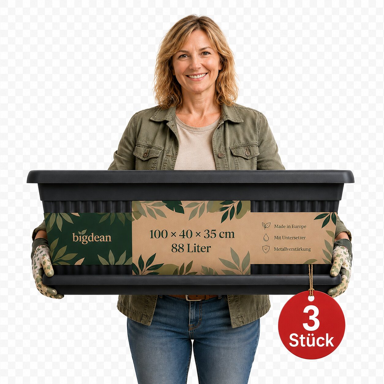3er Pack Blumenkübel Jumbo 100×40×35cm 88 Liter – Mediterranes Design inkl. Untersetzer – Anthrazit