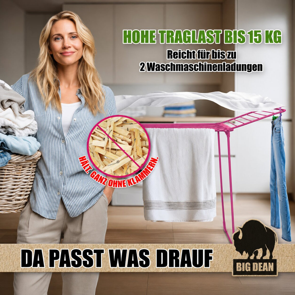 BigDean Wäscheständer 180 Schwarz 18m extra hoch für Lange Kleidungsstücke--- standfester Flügelwäschetrockner, drinnen und draußen nutzbar, klappbar, mit Schutzkappen an den Beinen, Wäschetrockner Ma image 6