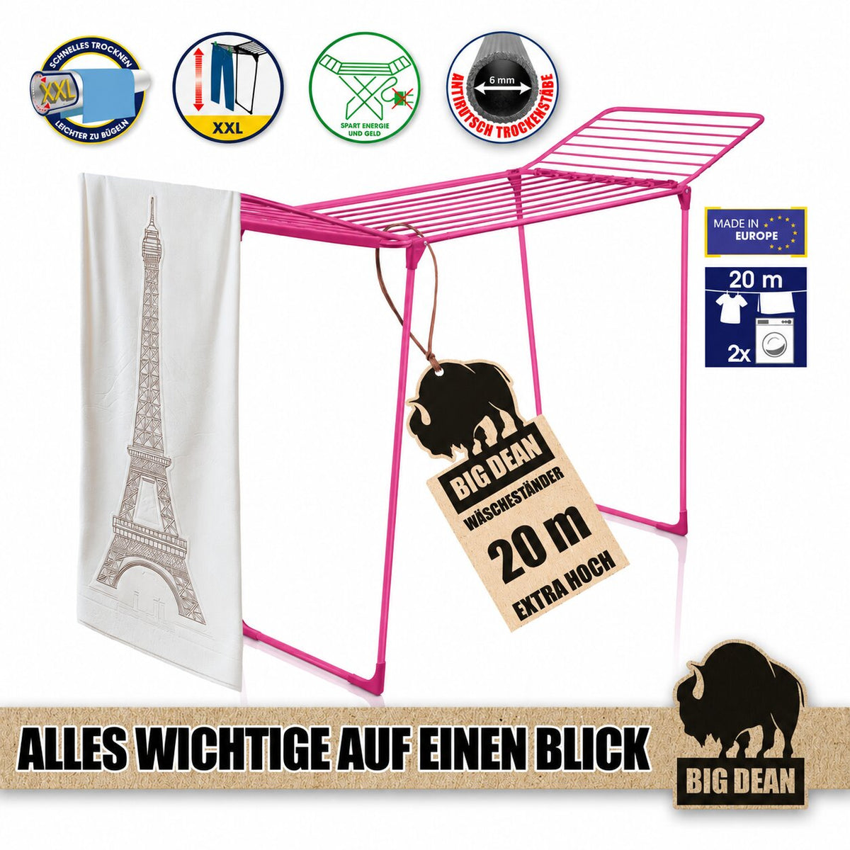 BigDean Wäscheständer Kirschblüte extra hoch & Dicke Leinen 200 | Grip Stäbe für hängen ohne Klammern, XXL Ständer, platzsparend, klappbarer Flügelwäscheständer, Wäschetrockner Made in Europe, 20m   image 2