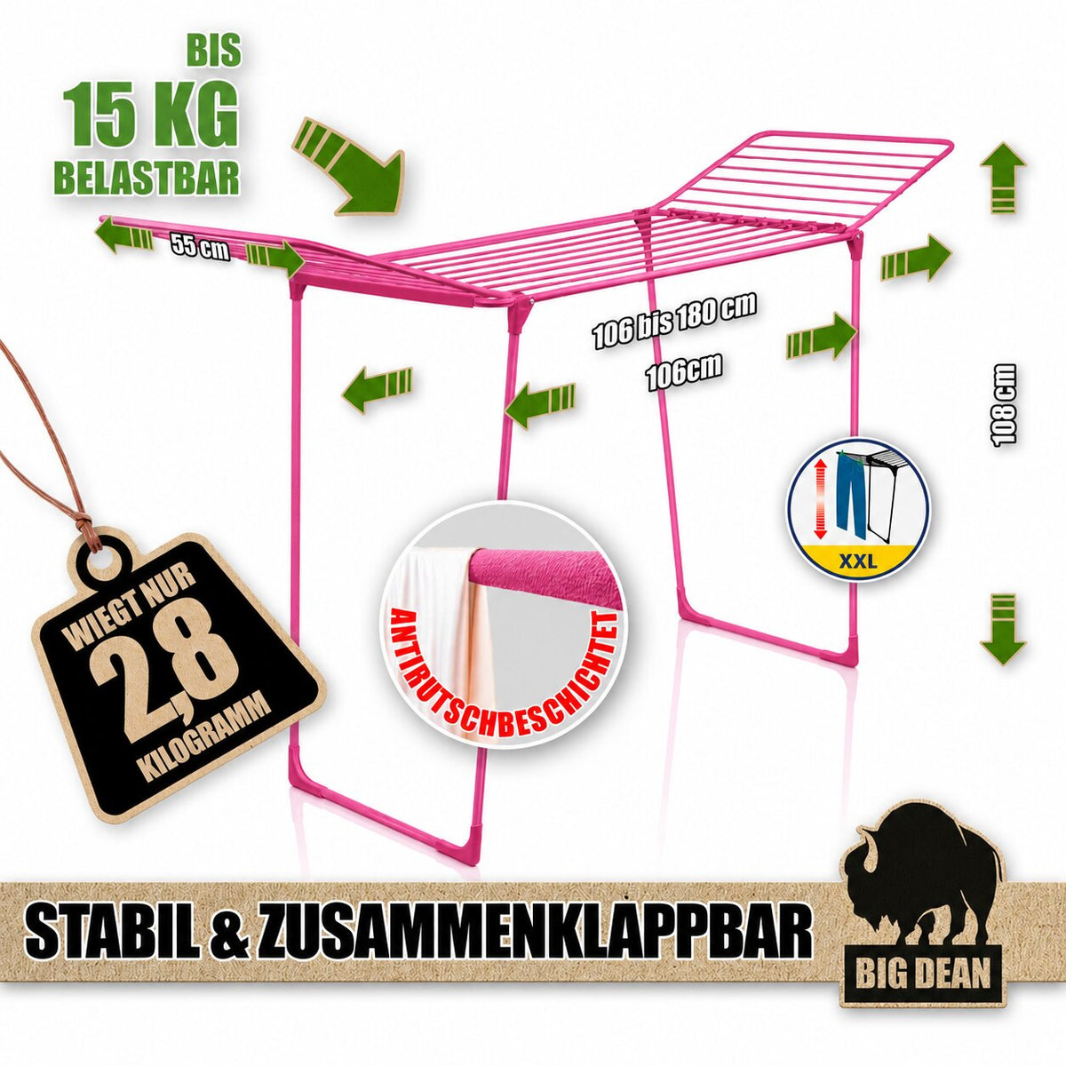 BigDean Wäscheständer Kirschblüte extra hoch & Dicke Leinen 200 | Grip Stäbe für hängen ohne Klammern, XXL Ständer, platzsparend, klappbarer Flügelwäscheständer, Wäschetrockner Made in Europe, 20m   image 3