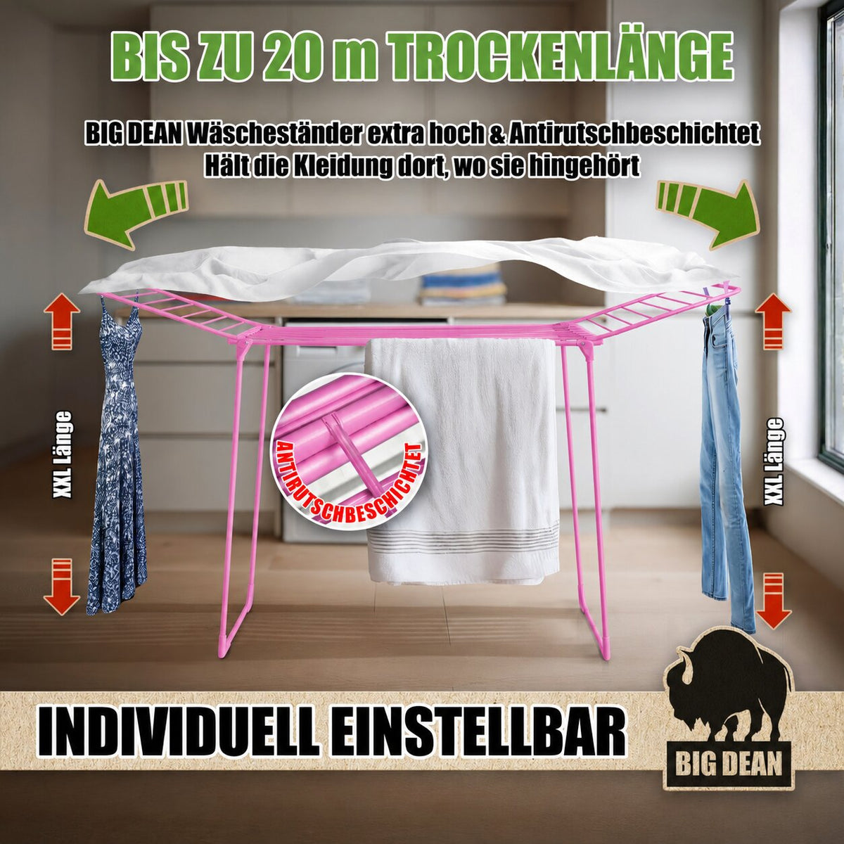 BigDean Wäscheständer Kirschblüte extra hoch & Dicke Leinen 200 | Grip Stäbe für hängen ohne Klammern, XXL Ständer, platzsparend, klappbarer Flügelwäscheständer, Wäschetrockner Made in Europe, 20m   image 4