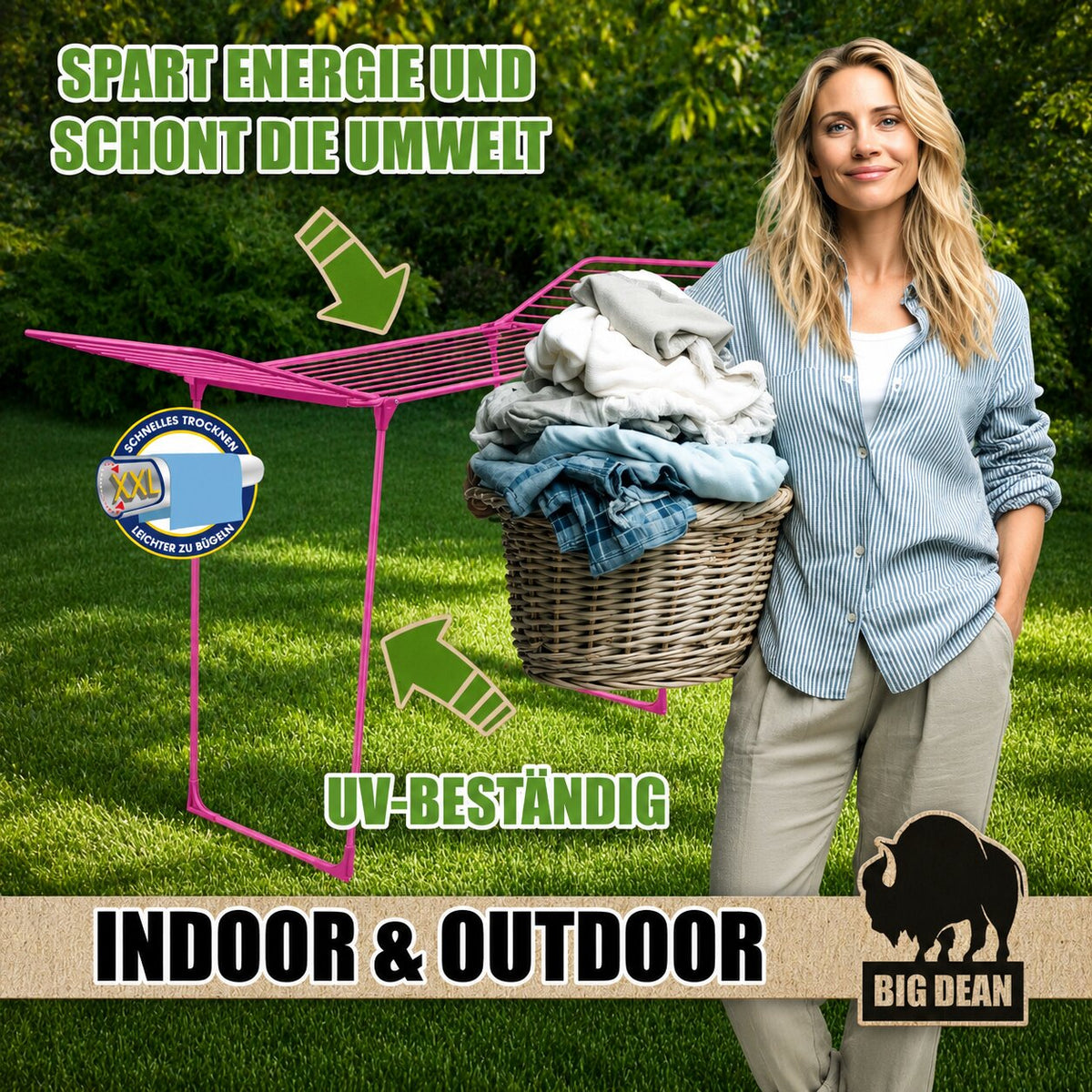 BigDean Wäscheständer Kirschblüte extra hoch & Dicke Leinen 200 | Grip Stäbe für hängen ohne Klammern, XXL Ständer, platzsparend, klappbarer Flügelwäscheständer, Wäschetrockner Made in Europe, 20m   image 5