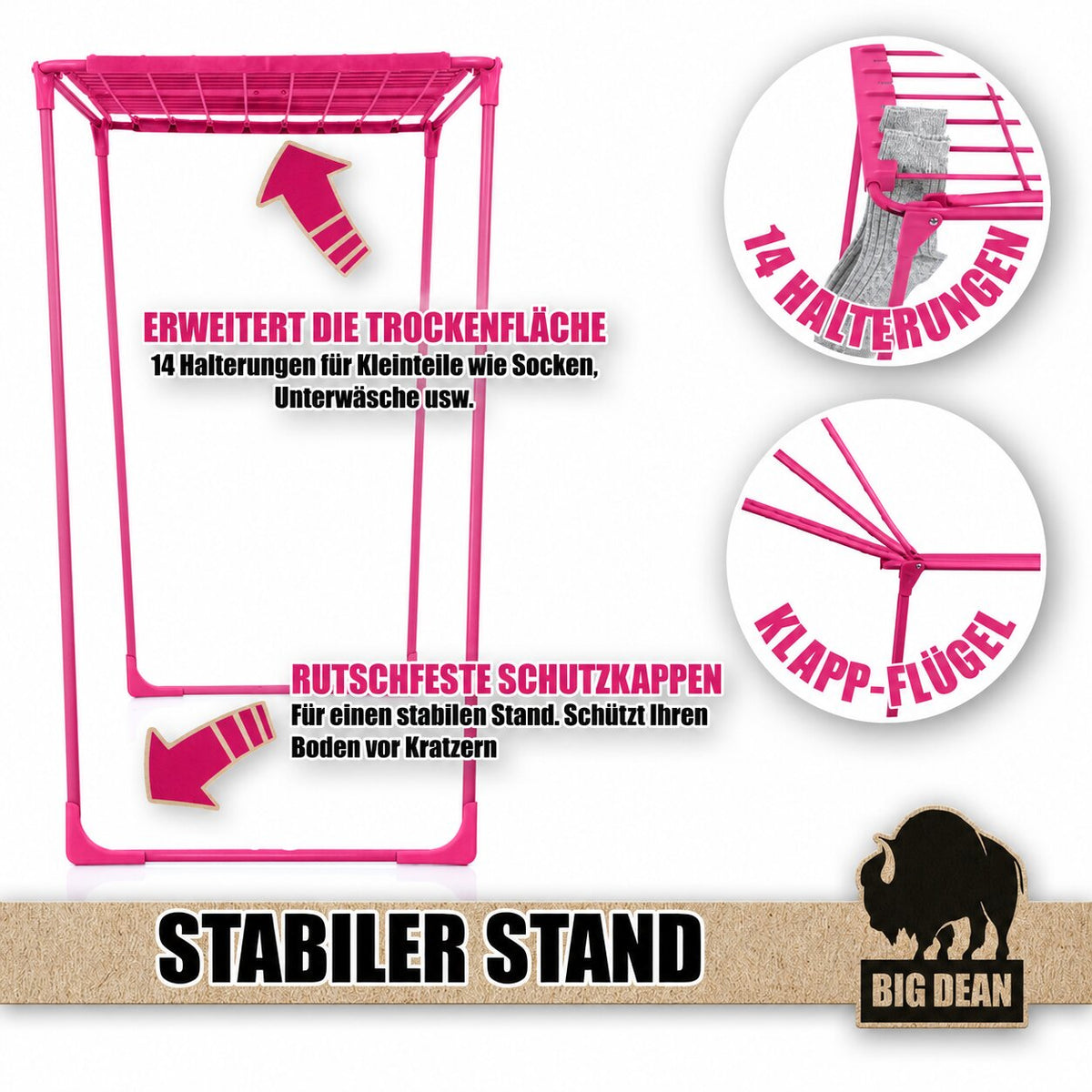 BigDean Wäscheständer Kirschblüte extra hoch & Dicke Leinen 200 | Grip Stäbe für hängen ohne Klammern, XXL Ständer, platzsparend, klappbarer Flügelwäscheständer, Wäschetrockner Made in Europe, 20m   image 6
