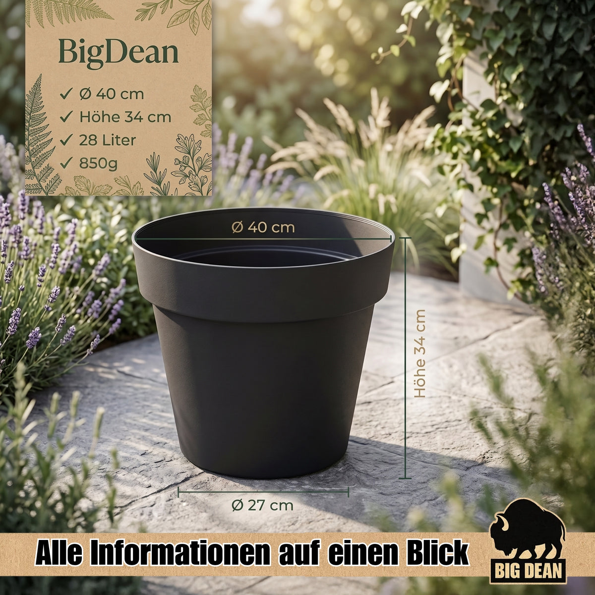 BigDean Blumentopf ø 40 cm Classic anthrazit Pflanzkübel groß außen | -mit Wasserspeicher - wetterfester Kunststoff - Pflanzkübel groß Innen -  image 3