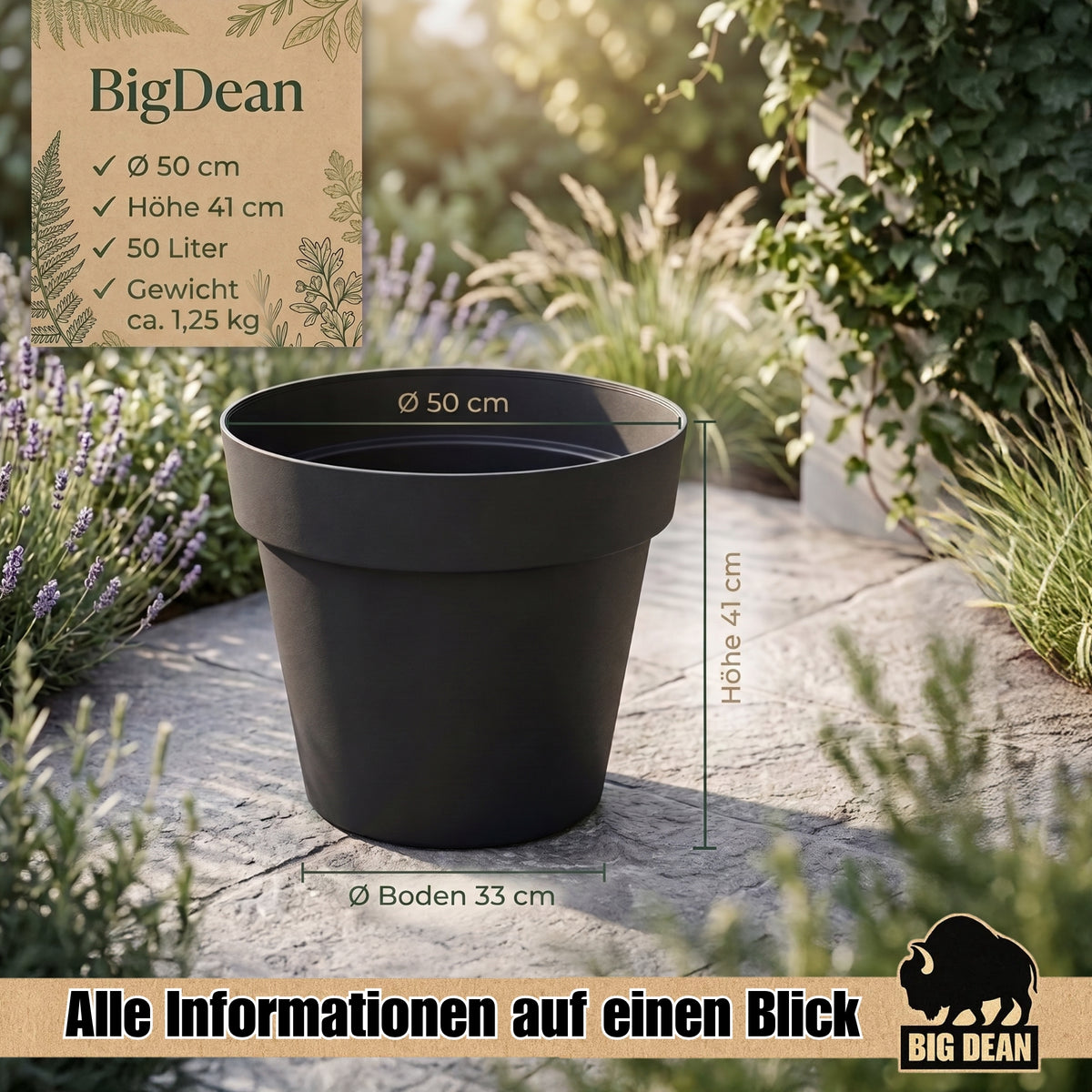 BigDean Blumentopf ca. ø 50 cm Classic anthrazit Pflanzkübel groß außen | -mit Wasserspeicher - wetterfester Kunststoff - Pflanzkübel groß Innen -  image 3