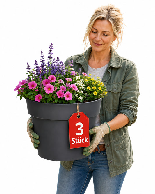 BigDean 3 Stück Blumentopf ø 40 cm Classic anthrazit Pflanzkübel groß außen | -mit Wasserspeicher - wetterfester Kunststoff - Pflanzkübel groß Innen -  image 1