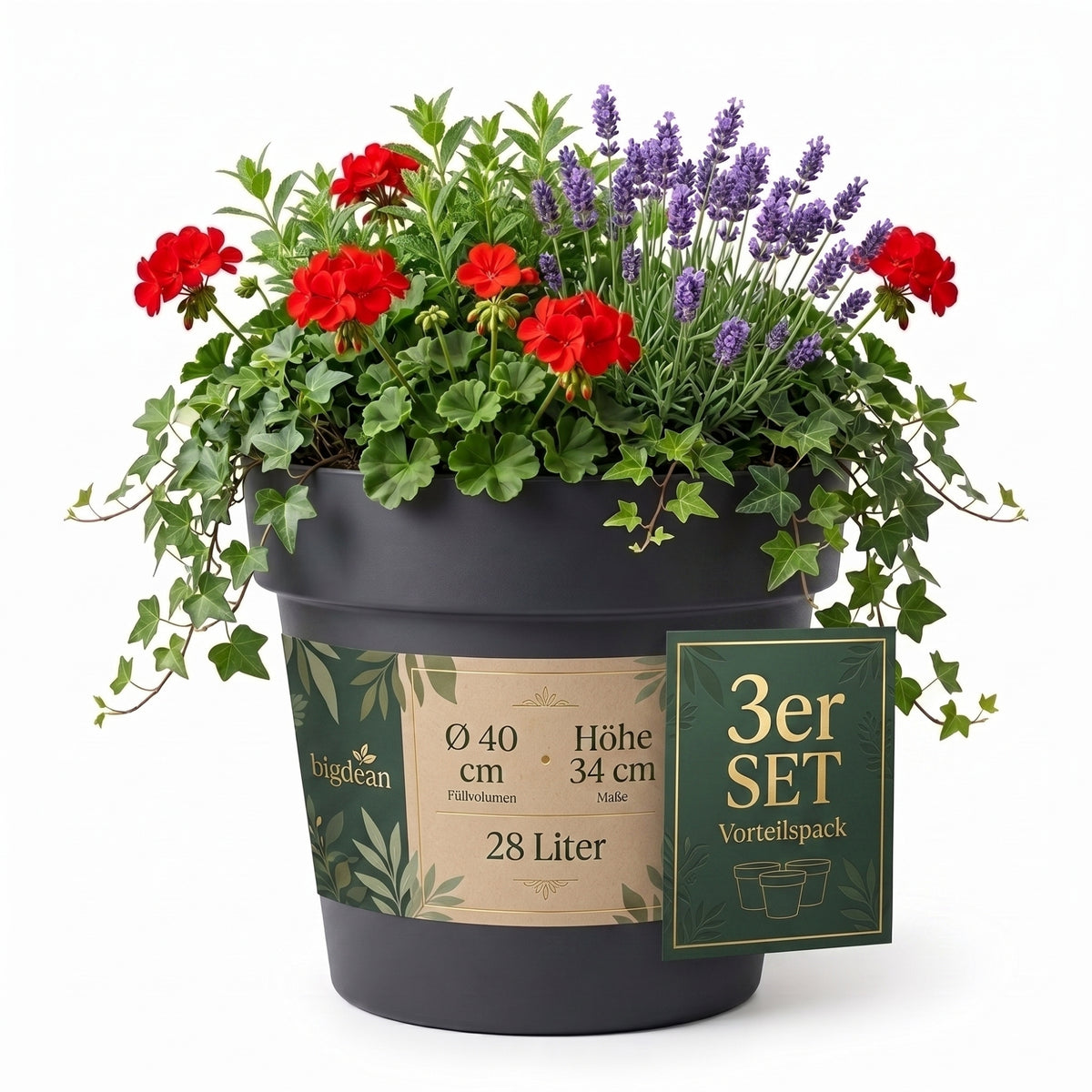 BigDean 3 Stück Blumentopf ø 40 cm Classic anthrazit Pflanzkübel groß außen | -mit Wasserspeicher - wetterfester Kunststoff - Pflanzkübel groß Innen -  image 2