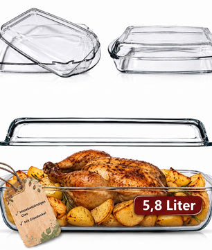Auflaufform mit Deckel und Griffen, 5.8L, rechteckiger Glasbräter aus hitzebeständigem Glas, Glasauflaufform, Ofenform für Fleisch, Lasagne, Backofen