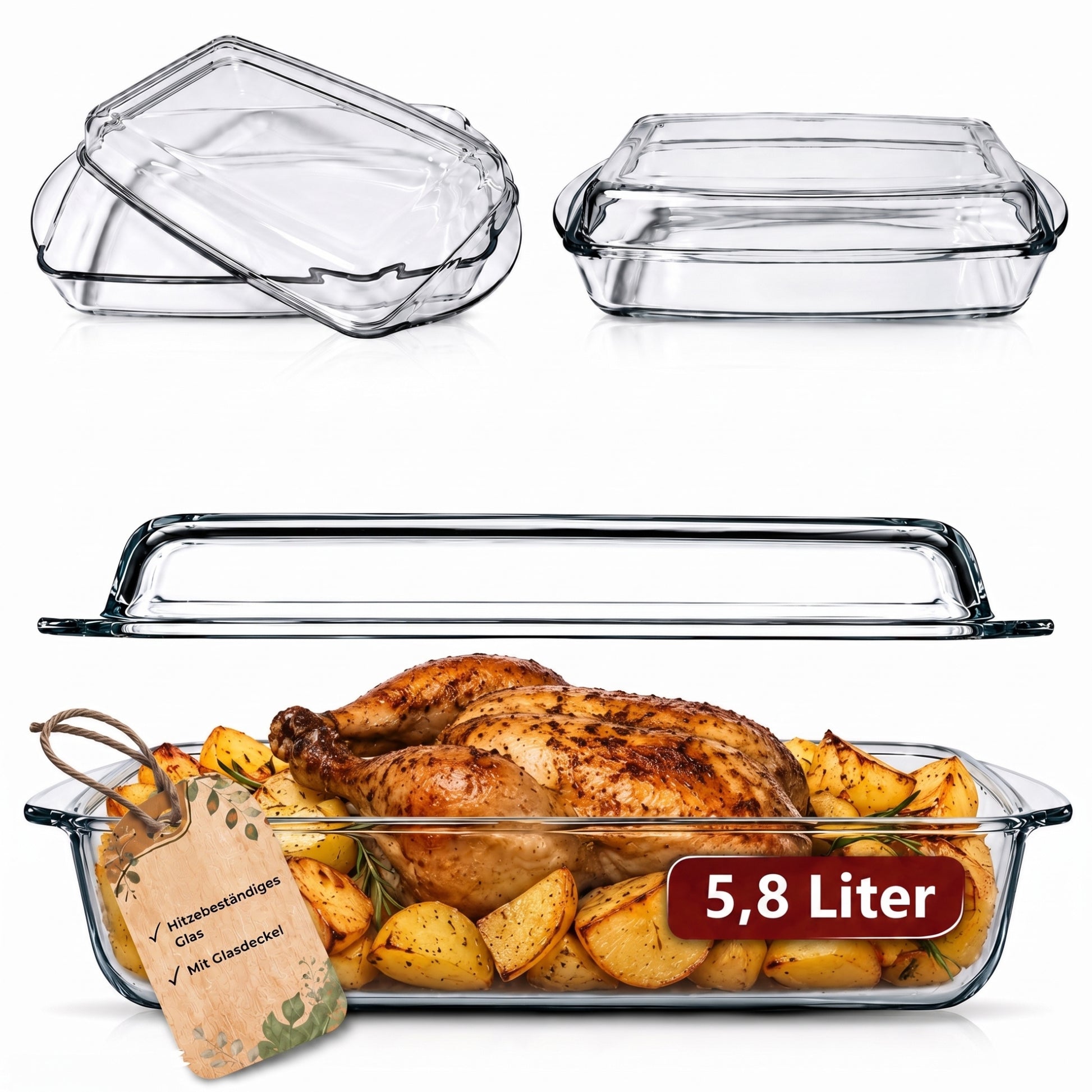 Auflaufform mit Deckel und Griffen, 5.8L, rechteckiger Glasbräter aus hitzebeständigem Glas, Glasauflaufform, Ofenform für Fleisch, Lasagne, Backofen