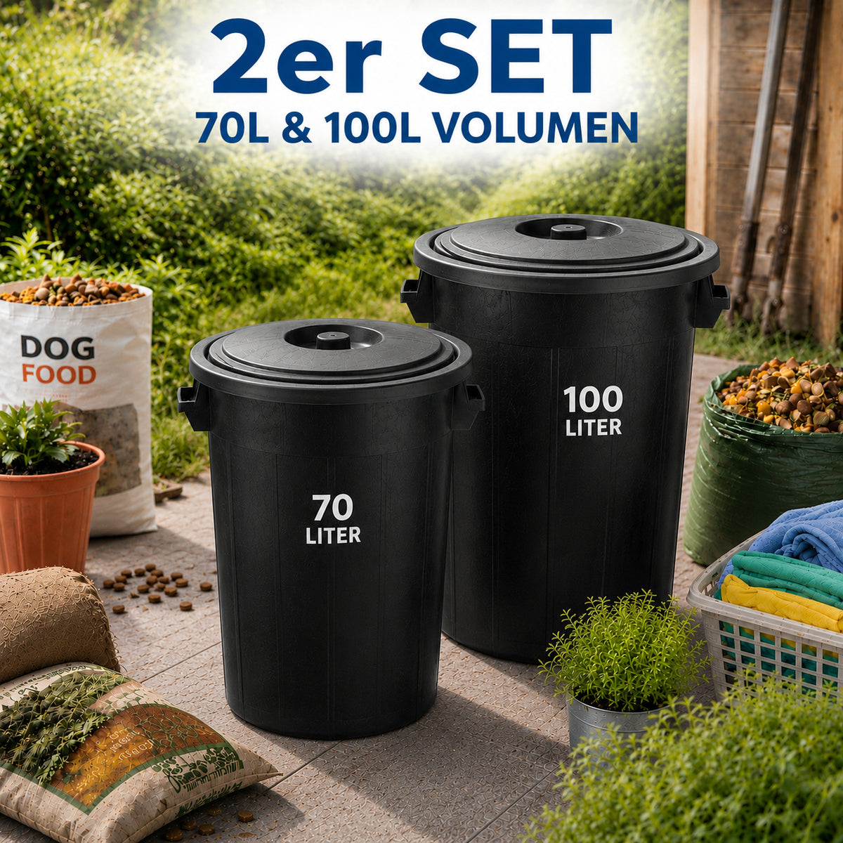  BigDean Universaltonne 100 & 70 Liter mit Deckel und 2 Tragegriffen Allzweck Tonne Schwarz image 3