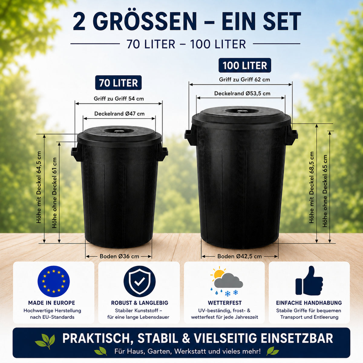  BigDean Universaltonne 100 & 70 Liter mit Deckel und 2 Tragegriffen Allzweck Tonne Schwarz image 4