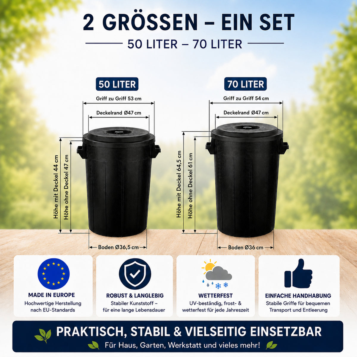 BigDean Universaltonne 70 & 50 Liter mit Deckel und 2 Tragegriffen Allzweck Tonne Schwarz image 4