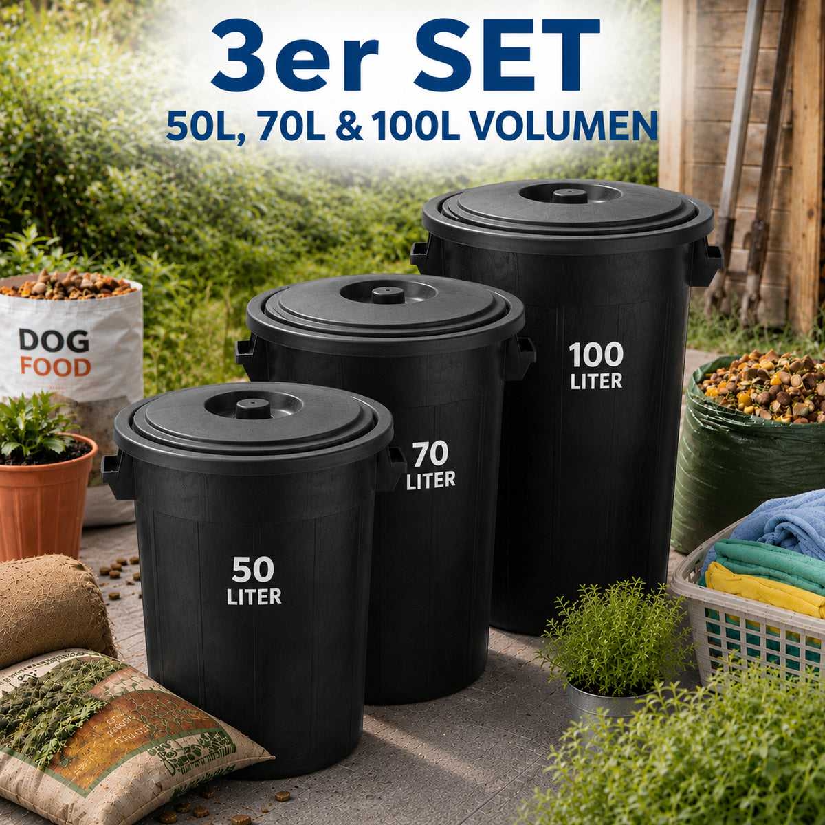 BigDean Universaltonne 100, 70 & 50 Liter mit Deckel Allzweck Tonne schwarz image 3