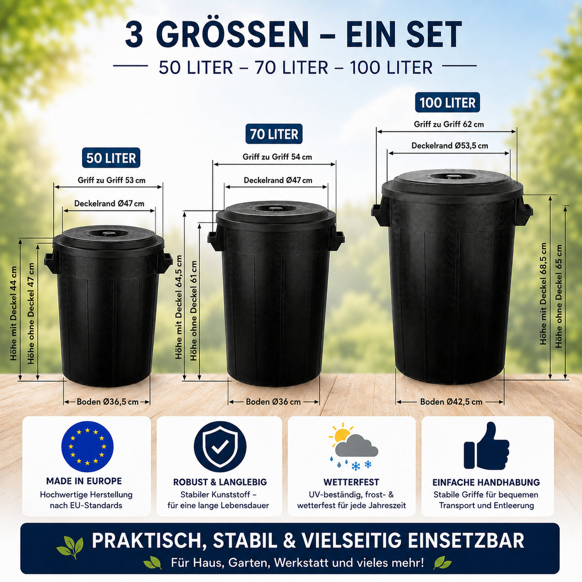 BigDean Universaltonne 100, 70 & 50 Liter mit Deckel Allzweck Tonne schwarz image 4
