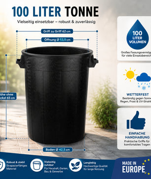 Universaltonne 100 Liter ohne Deckel Allzweck Tonne Schwarz mit 2 Tragegriffen  3