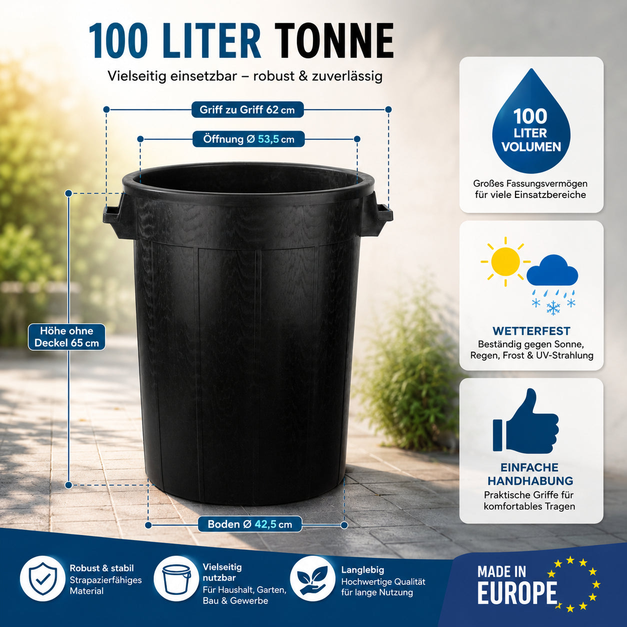 Universaltonne 100 Liter ohne Deckel Allzweck Tonne Schwarz mit 2 Tragegriffen  3