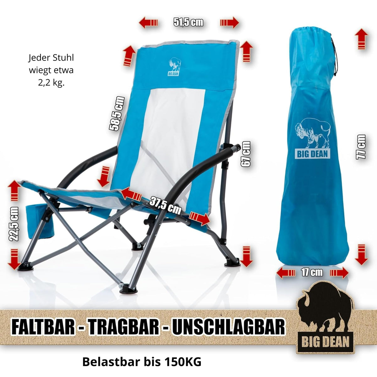 BigDean 2x Strandstuhl Klappbar sehr leicht Campingstuhl faltbar bis 150kg image 2