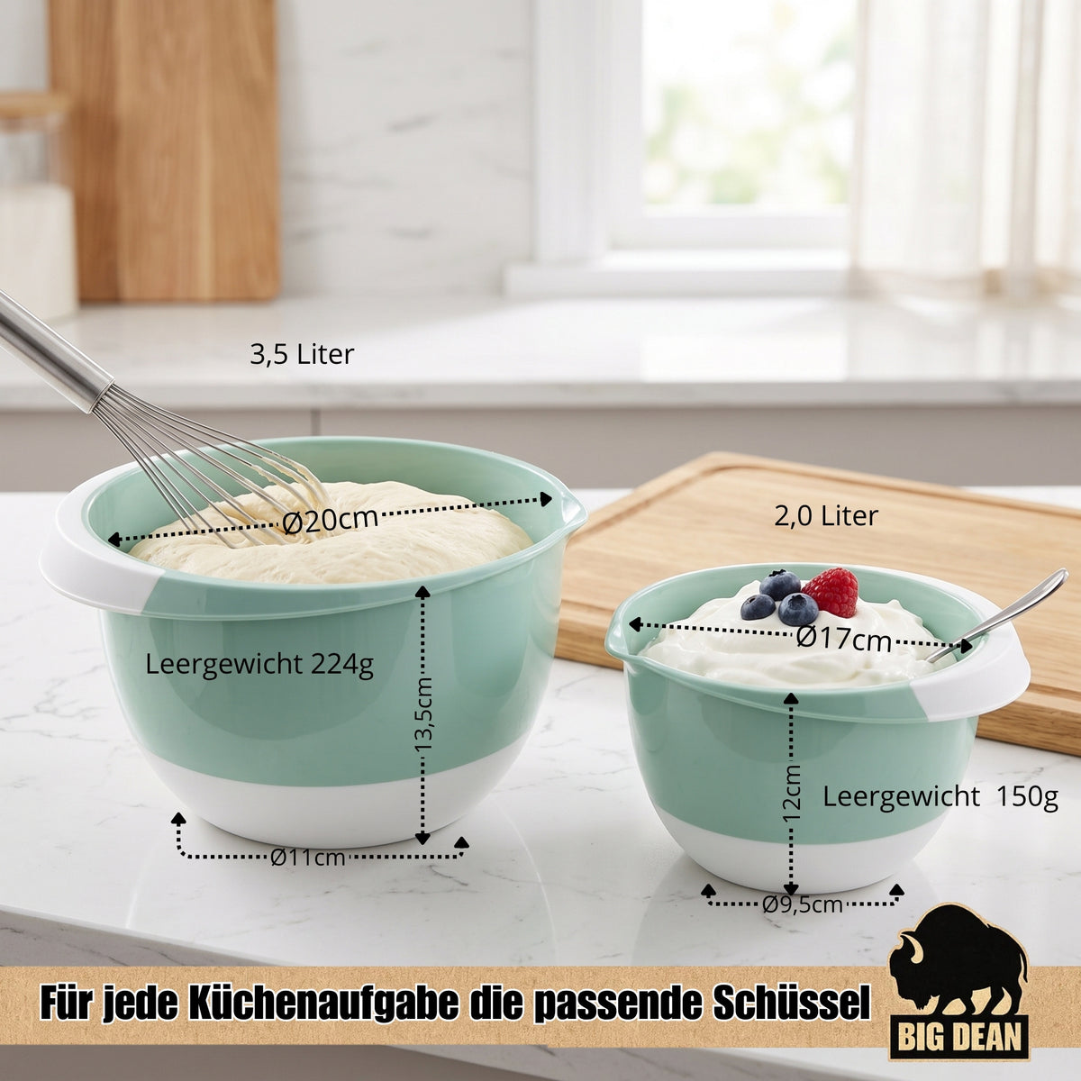 BigDean Rührschüssel Set 3,5 & 2,0 Liter - Schüsseln mit Stoppboden für sicheren Halt - Schüsselset zum Mischen & Verrühren - Schüssel Teigschüssel Kochschüssel image 2