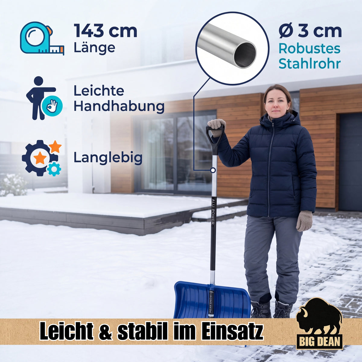 BigDean Profi Schneeschieber groß – Schneeschaufel mit Alustiel 55cm breit image 6