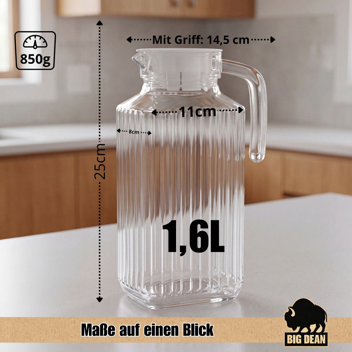 Kühlschrankkrug 1,6 Liter Glas Wasserkrug mit Deckel ergonomischer Griff image 3