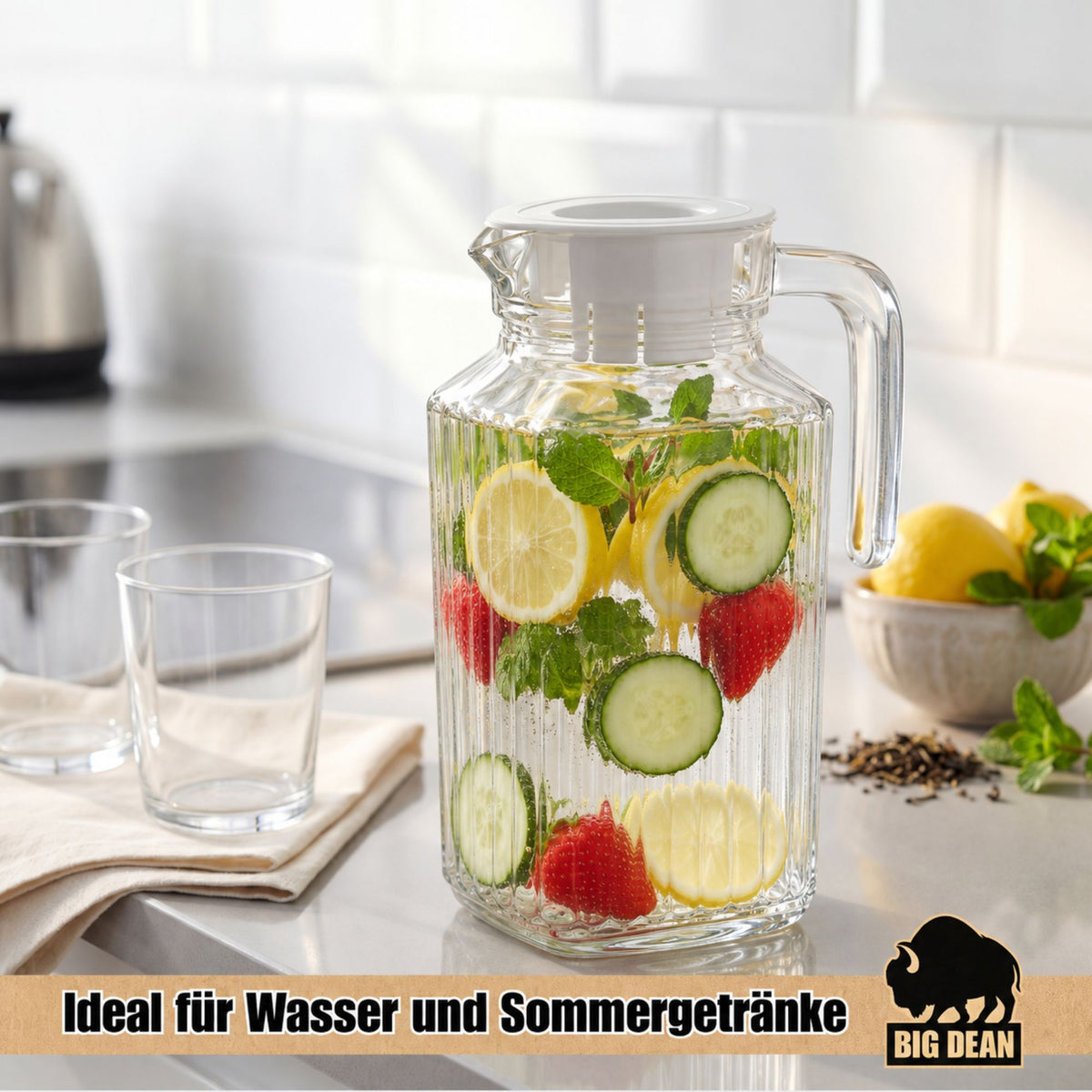 Kühlschrankkrug 1,6 Liter Glas Wasserkrug mit Deckel ergonomischer Griff image 6