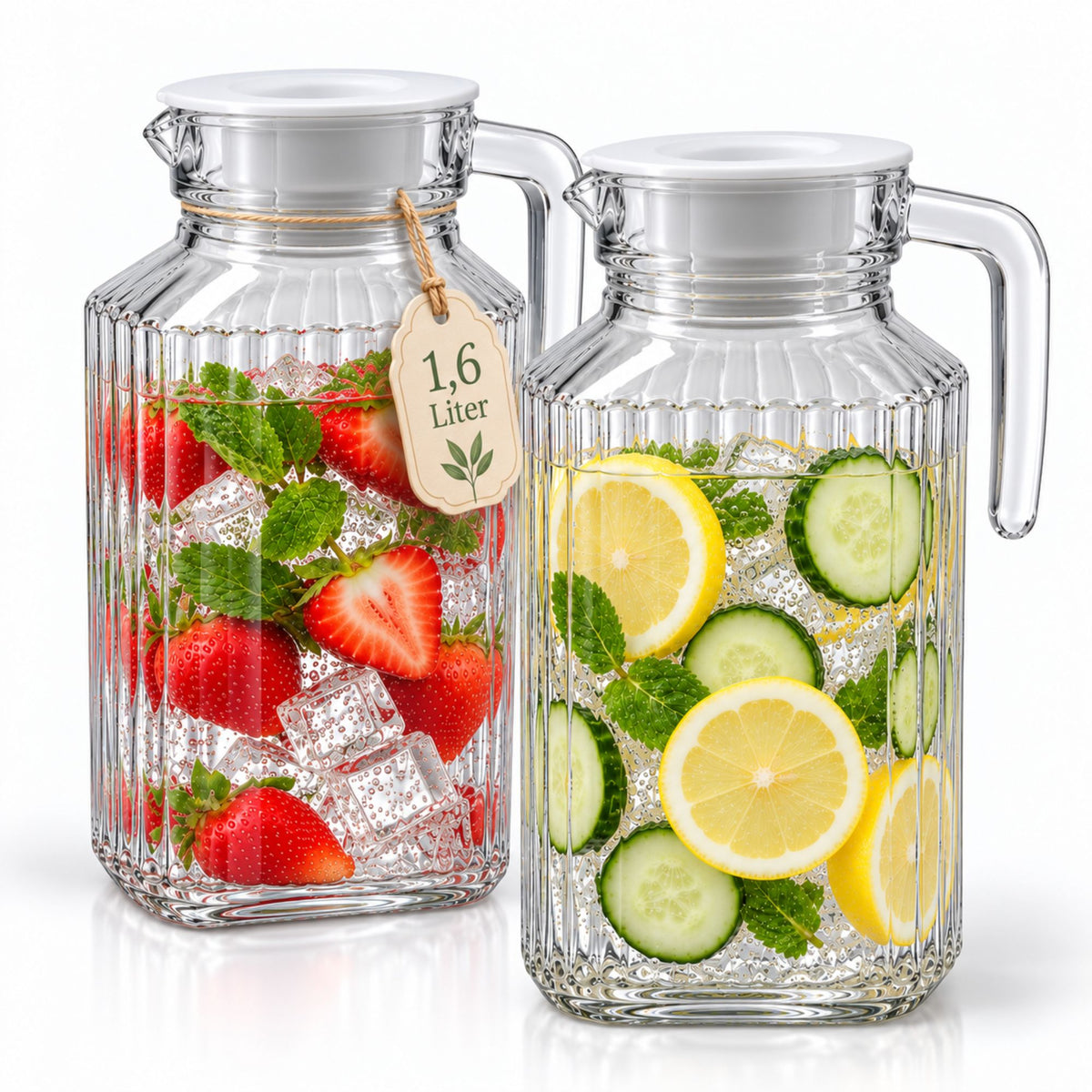 2 Stück Kühlschrankkrug 1,6 Liter Glas Wasserkrug mit Deckel ergonomischer Griff image 1