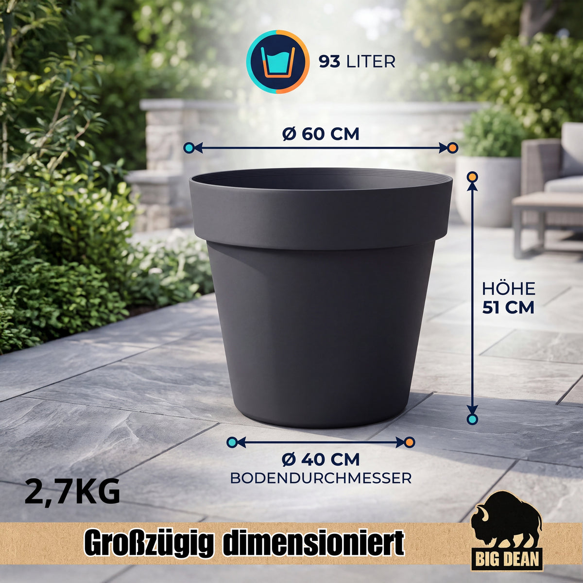 BigDean XXL Ø 60 cm Blumentopf mit Rollen und Wasserspeicher 93 Liter image 3