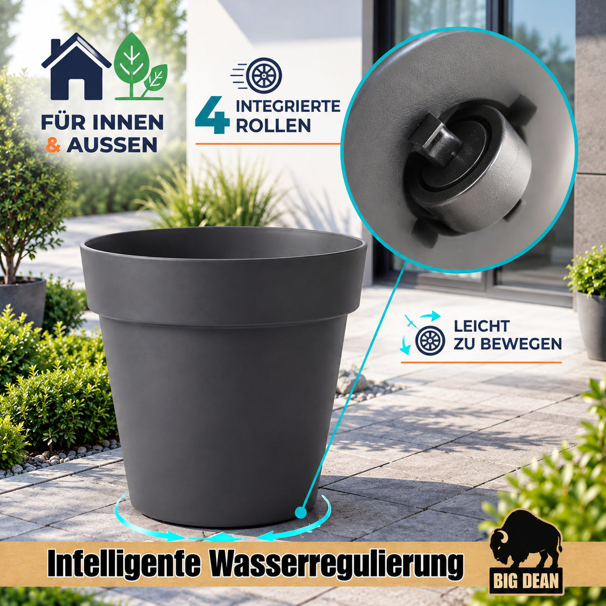 BigDean 3er Set XXL Blumentopf mit Rollen Ø 60 cm – 93 Liter Pflanzkübel mit Wasserspeicher – Großer Blumentopf für Innen & Außen – Wetterfester Kunststoff – Anthrazit image 4