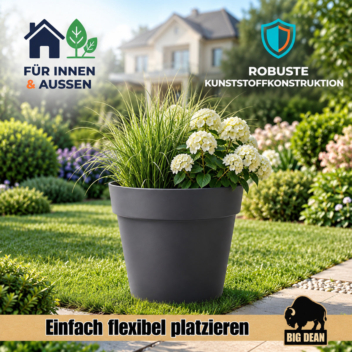 BigDean 3er Set XXL Blumentopf mit Rollen Ø 60 cm – 93 Liter Pflanzkübel mit Wasserspeicher – Großer Blumentopf für Innen & Außen – Wetterfester Kunststoff – Anthrazit image 5