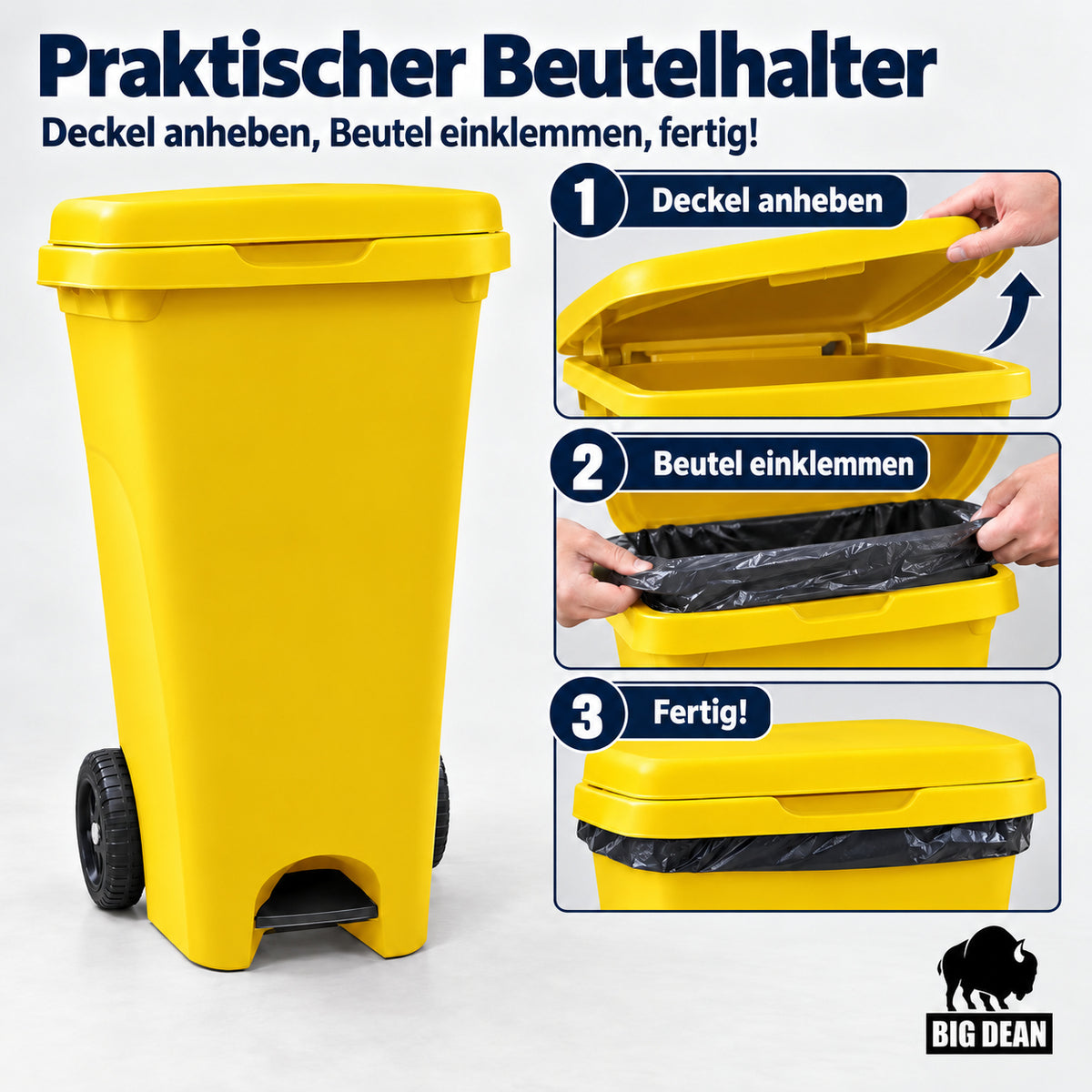 BigDean Mülltonne 80 Liter mit Rädern Beutelhalter und Öffnung per Pedal image 4