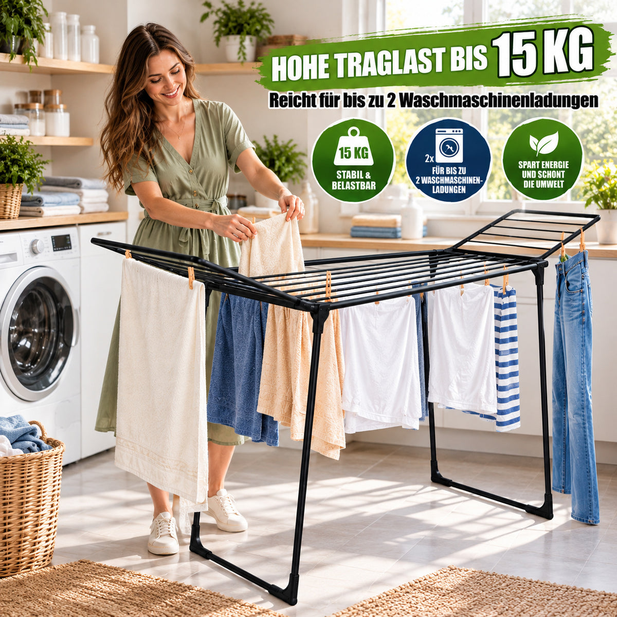 BigDean Dicke Trockenstäbe = leichter Bügeln Wäscheständer 20 m Schwarz image 6
